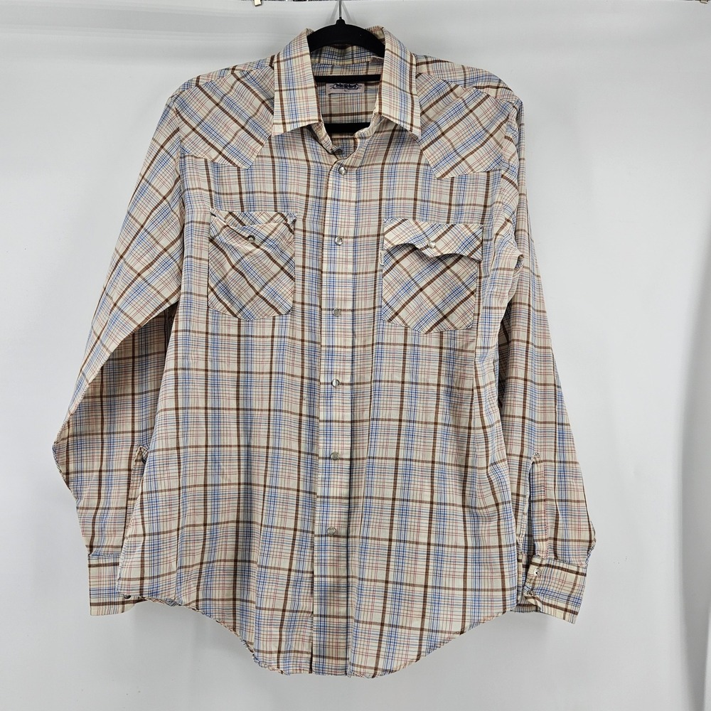 Vintage Levis Mens Large Plaid Western Pearl Snap Button Shirt Brown L Rodeo